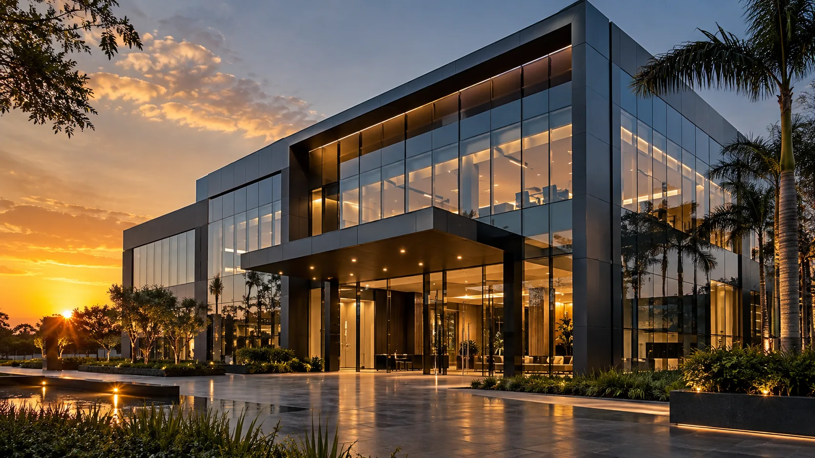 Edifício empresarial moderno ao pôr do sol
