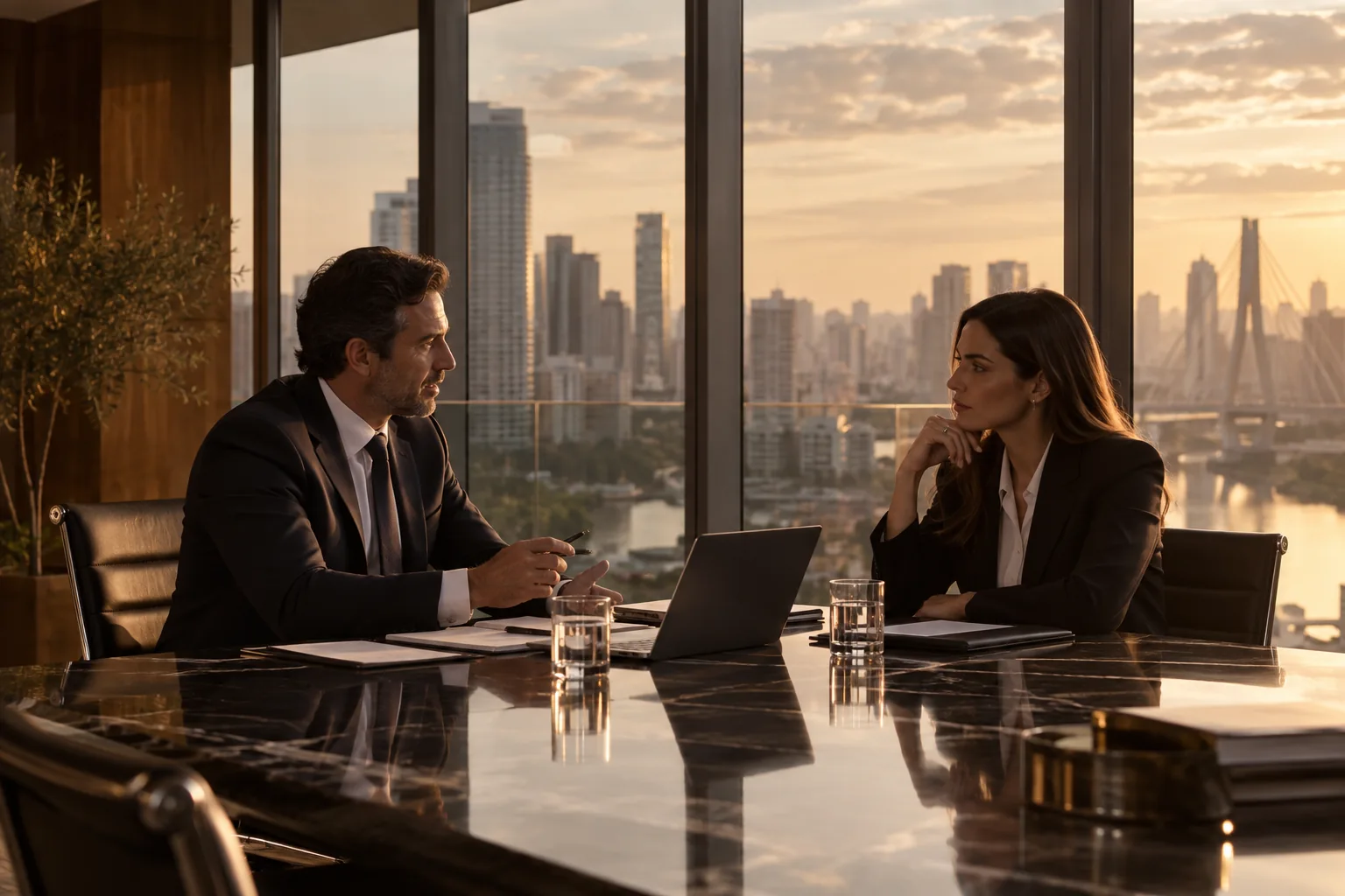 Executivos reunidos em uma sala com vista para a cidade